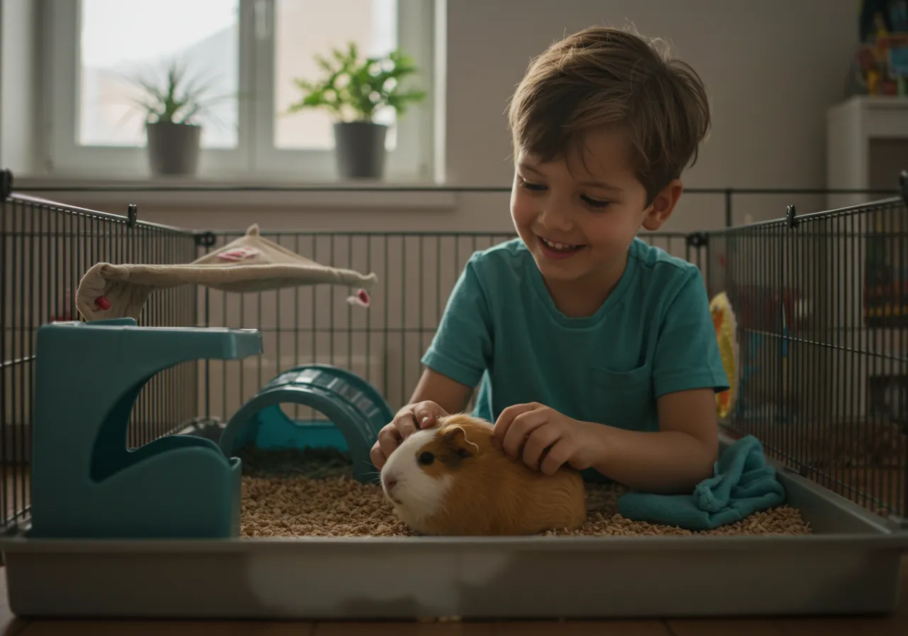 Criança brincando com porquinho-da-índia em apartamento, pet ideal para crianças.
