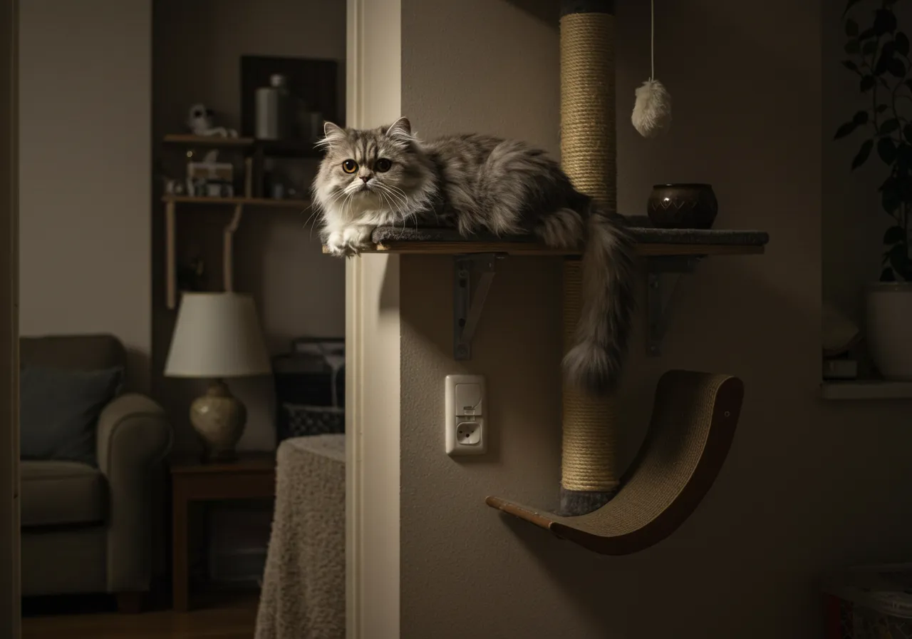 Gato Persa em prateleira de apartamento, enriquecimento ambiental para felinos.