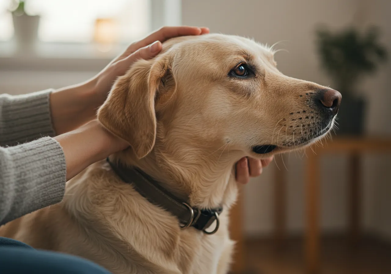Um momento de conforto entre humano e cachorro Um momento de conforto entre humano e cachorro