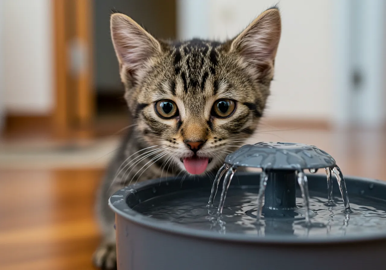 Um gatinho filhote, de olhos grandes e curiosos, bebendo água fresca de uma fonte de água para gatos