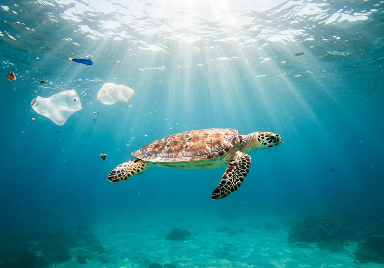 Tartaruga-de-pente em águas poluídas Tartaruga-de-pente em águas poluídas