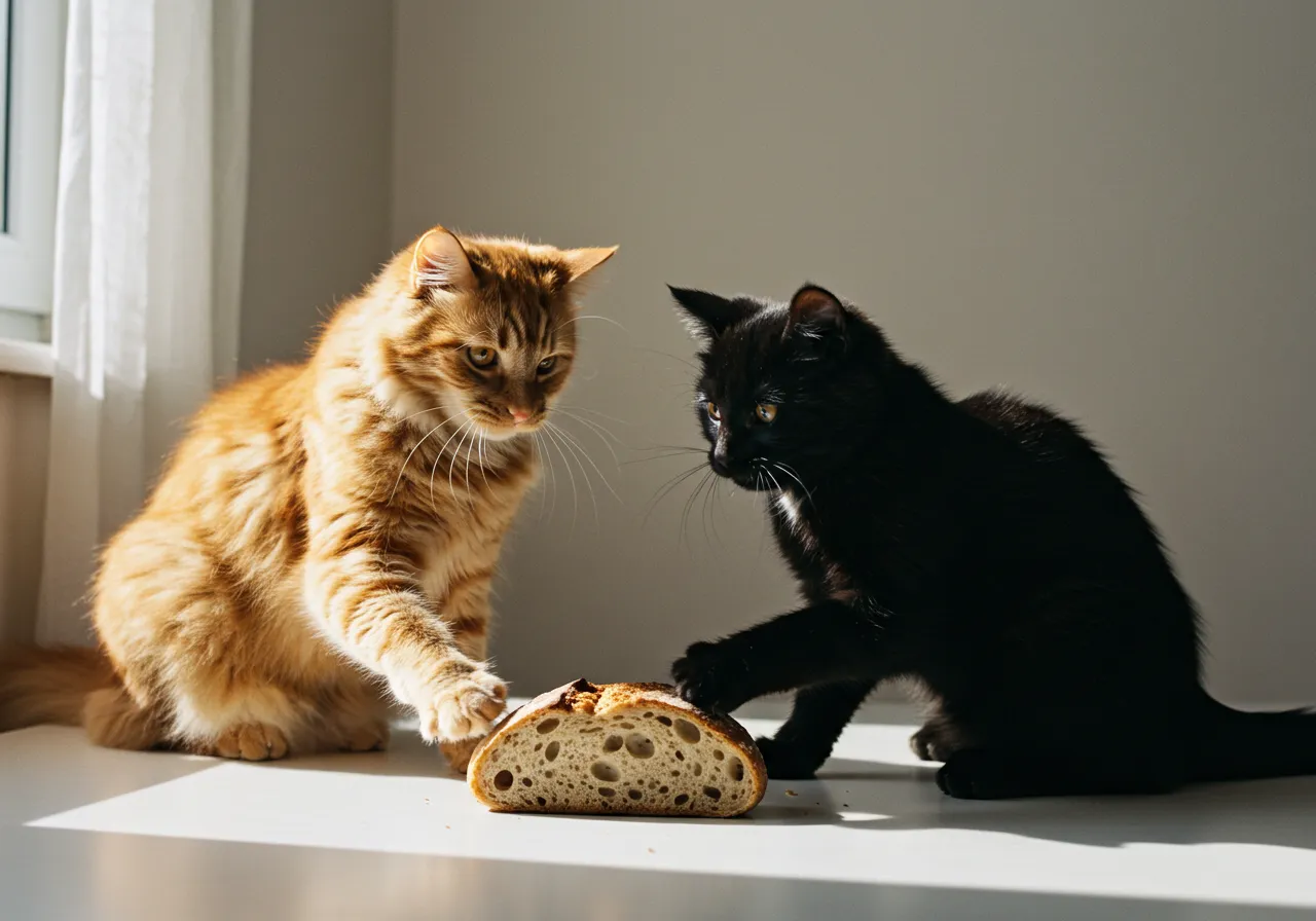 dois gatos brincando com um pão