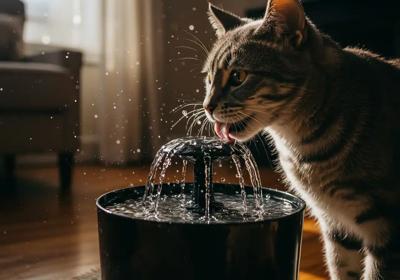 Gato bebendo água em uma fonte para gatos