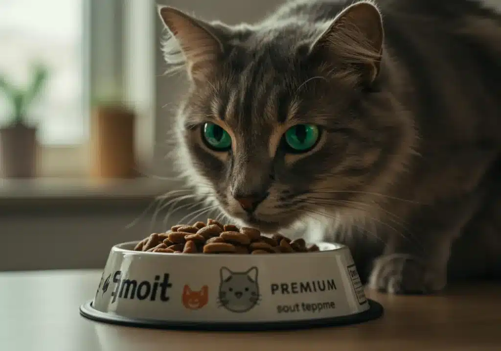 O Que Gato Come: Verdades sobre a Alimentação Felina Gato de pelagem cinza e olhos verdes comendo ração Super Premium