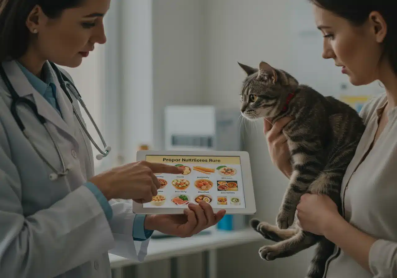 Veterinário mostrando o que gato come ao tutor, em uma clínica limpa e moderna