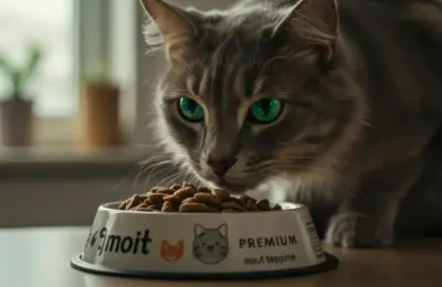 Gato de pelagem cinza e olhos verdes comendo ração Super Premium
