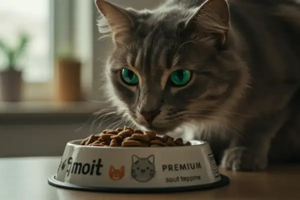 Gato de pelagem cinza e olhos verdes comendo ração Super Premium