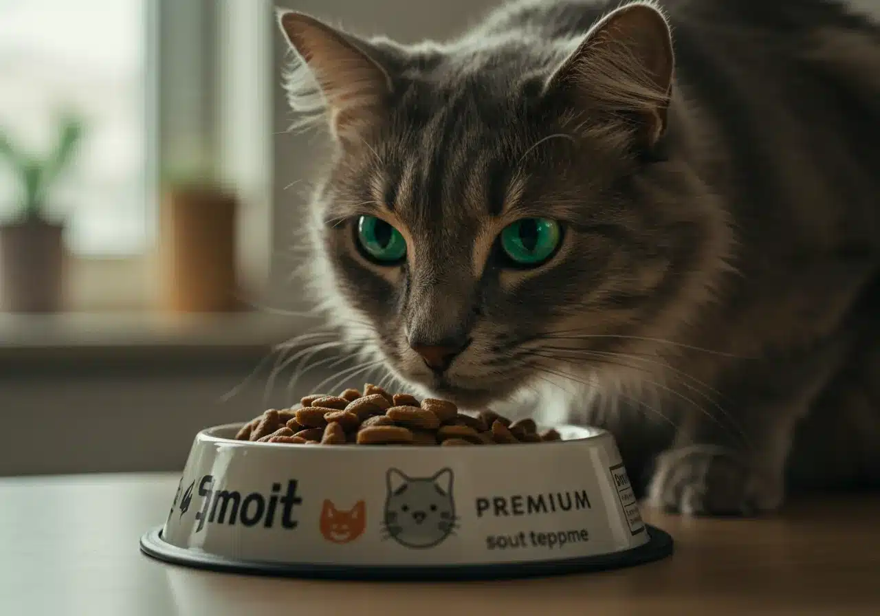 Gato de pelagem cinza e olhos verdes comendo ração Super Premium