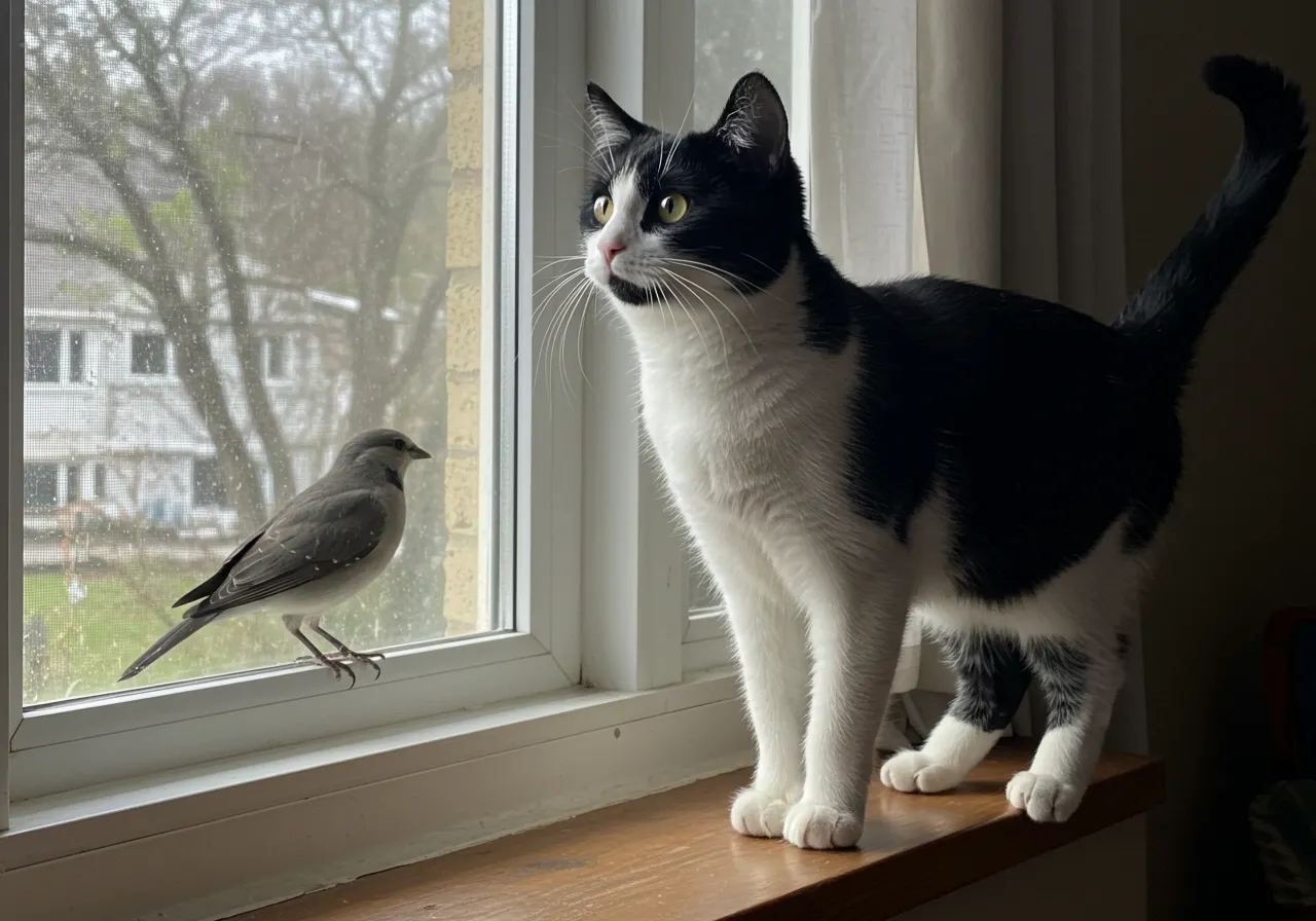 som de gato miando na janela