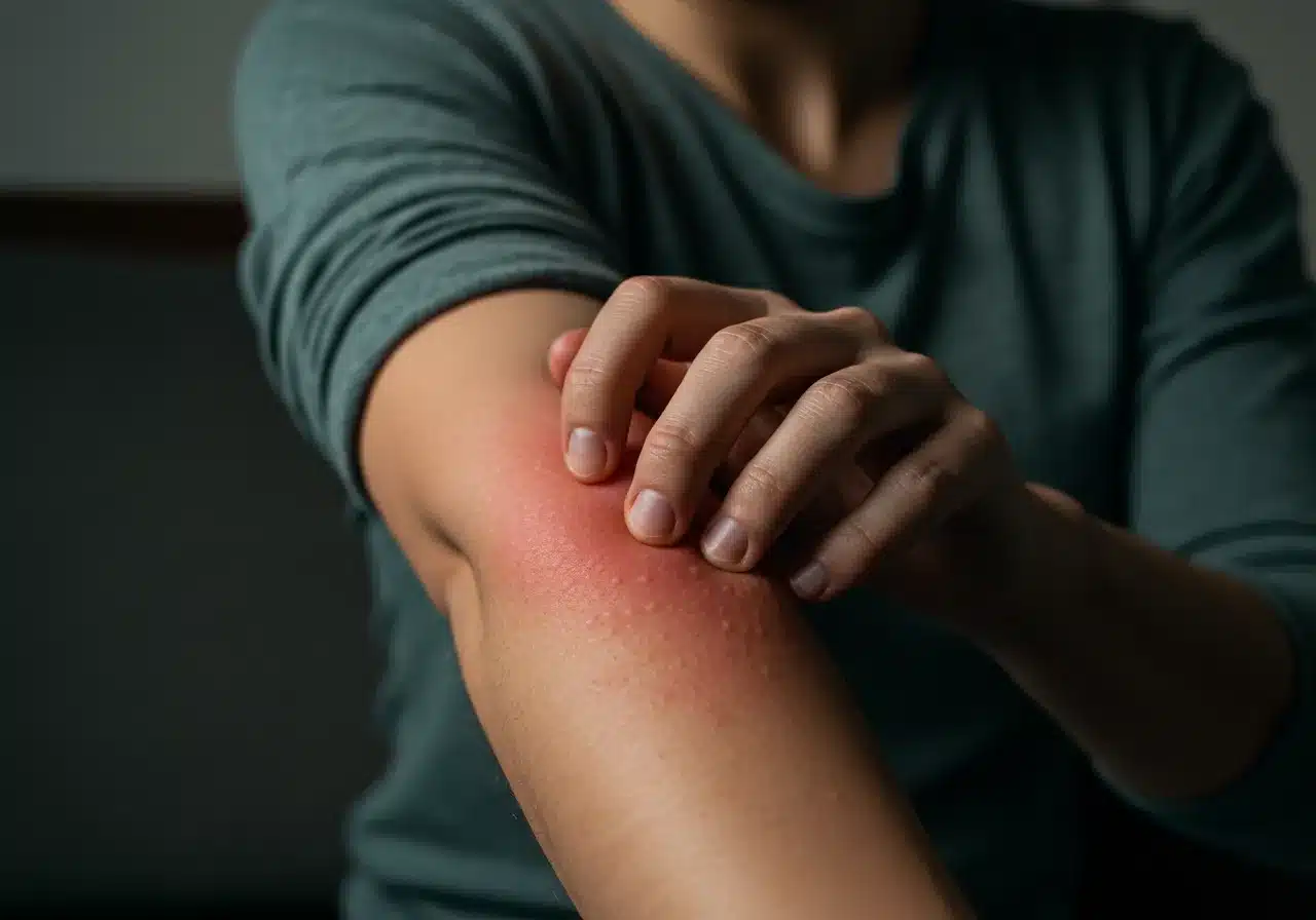Um braço humano com uma erupção cutânea vermelha e visivelmente irritada, indicando uma irritação temporária da pele causada por um ácaro. A pessoa está coçando o braço, parecendo preocupada. O cenário é um ambiente doméstico aconchegante. Foto ultra-realista, qualidade cinematográfica, bem iluminada.