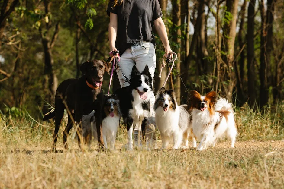 A woman walks several dog breeds on leashes through a wooded area in summer.