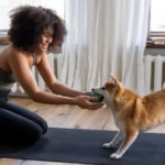 A joyful woman plays with her Shiba Inu dog indoors on a yoga mat, showcasing a warm and cozy home atmosphere.