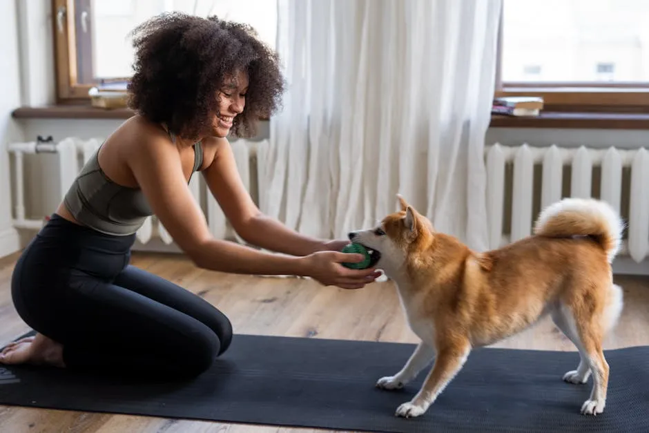 A joyful woman plays with her Shiba Inu dog indoors on a yoga mat, showcasing a warm and cozy home atmosphere.