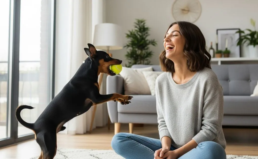 cachorro pinscher com seu dono cachorro pinscher com seu dono