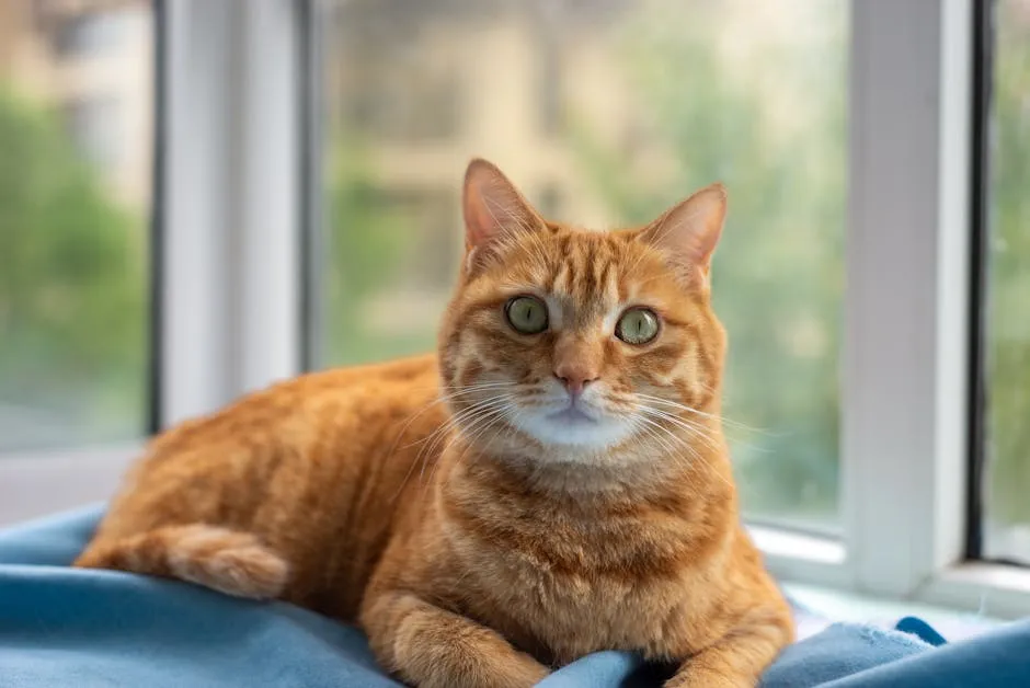 A serene orange tabby cat lounging on a soft blanket by a window indoors.