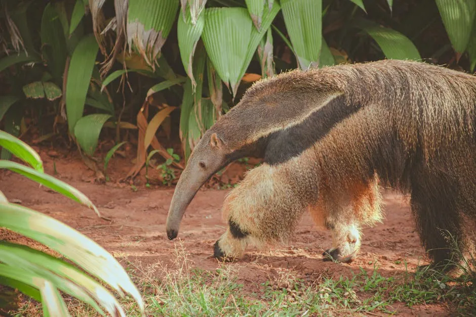 A giant anteater forages in a lush tropical rainforest setting, highlighting its natural habitat.