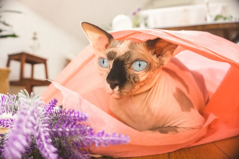 Charming close-up of a Sphynx cat with blue eyes wrapped in pink fabric indoors.