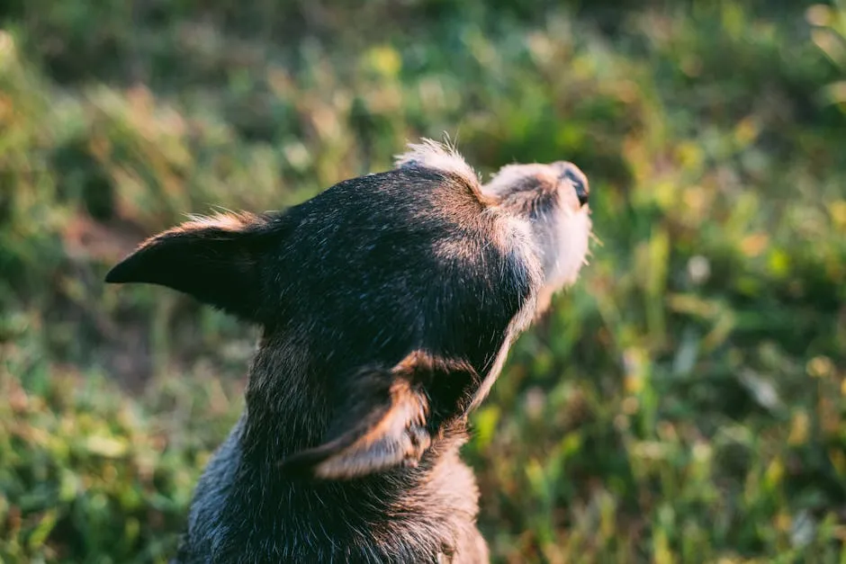 A dog sits on sunlit grass, focusing intently on something beyond view.
