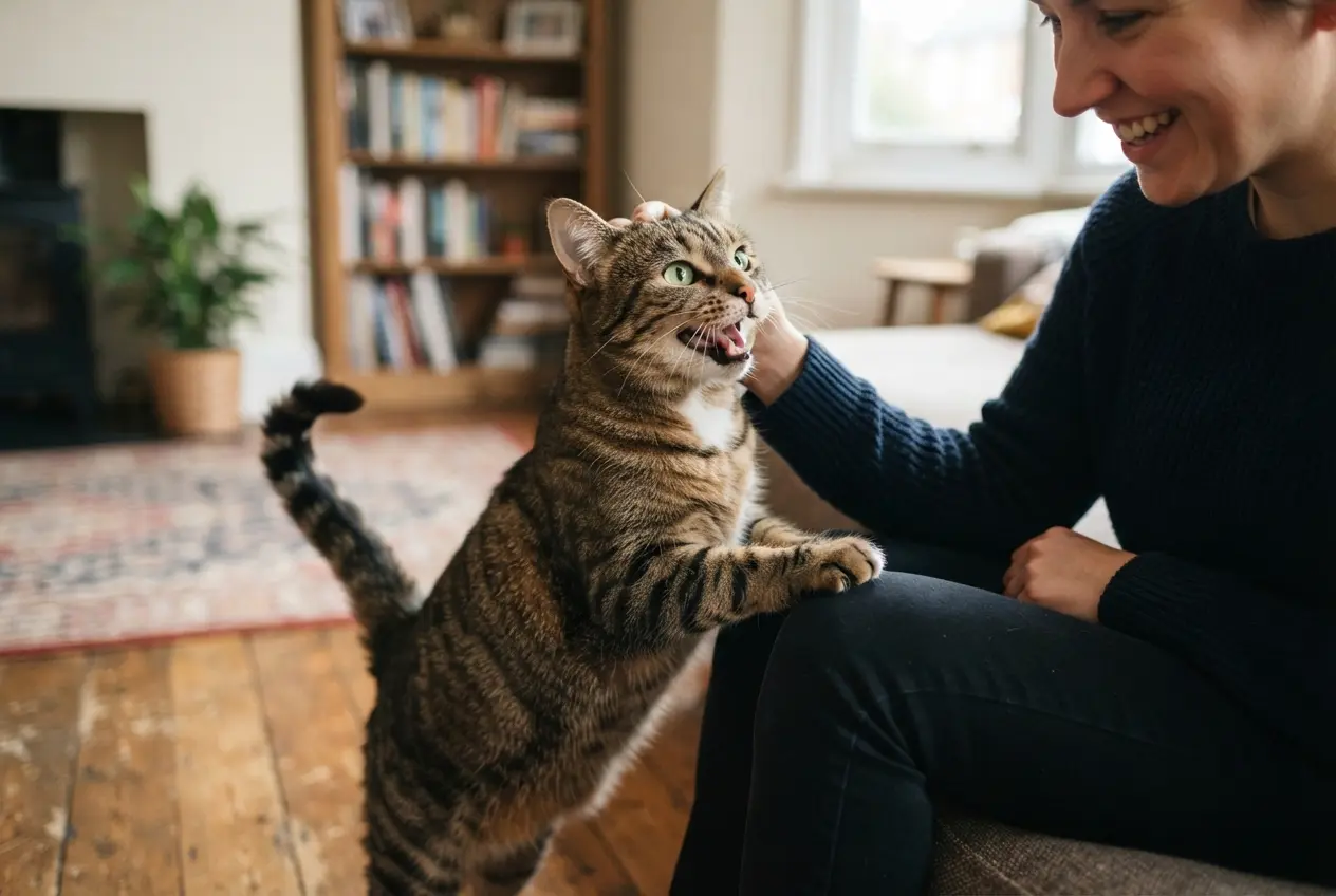 O miado curto e amigável Seu gato te cumprimentando 